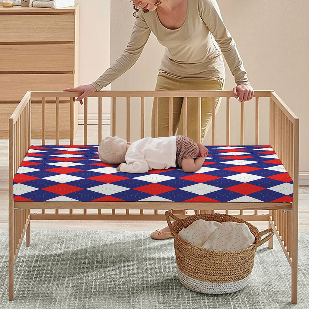 Blue Red And White Argyle Pattern Print Baby Crib Sheet
