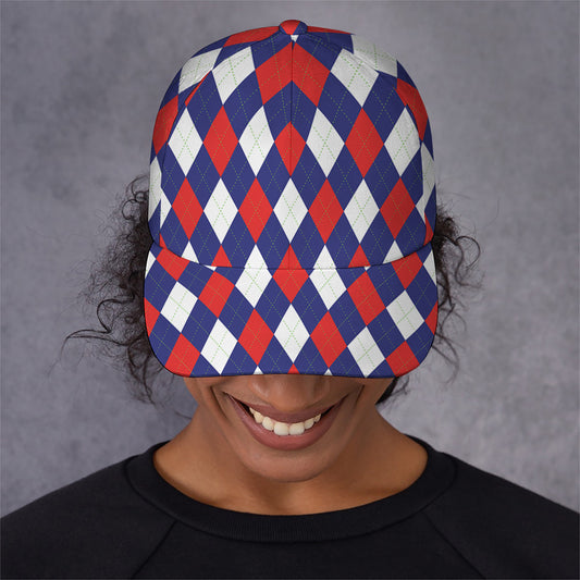 Blue Red And White Argyle Pattern Print Baseball Cap