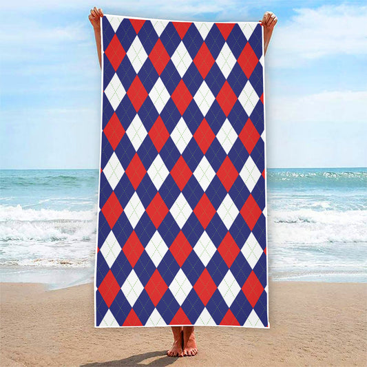 Blue Red And White Argyle Pattern Print Beach Towel