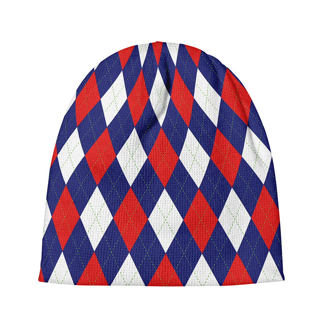 Blue Red And White Argyle Pattern Print Beanie