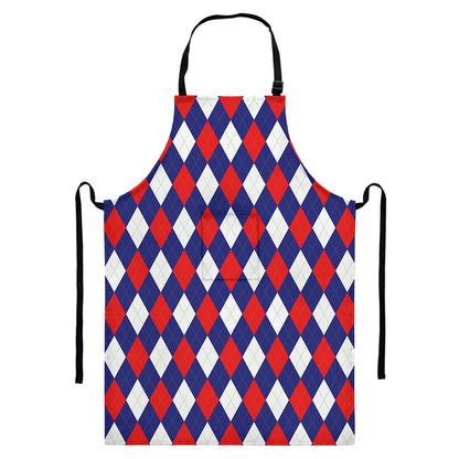 Blue Red And White Argyle Pattern Print Bib Apron With Pocket