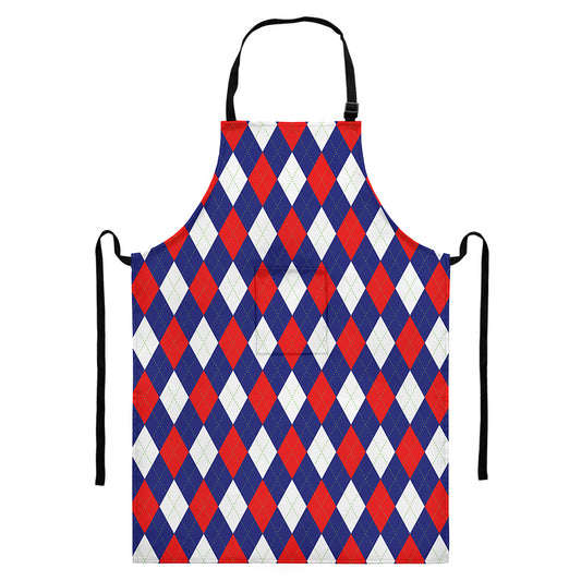 Blue Red And White Argyle Pattern Print Bib Apron With Pocket