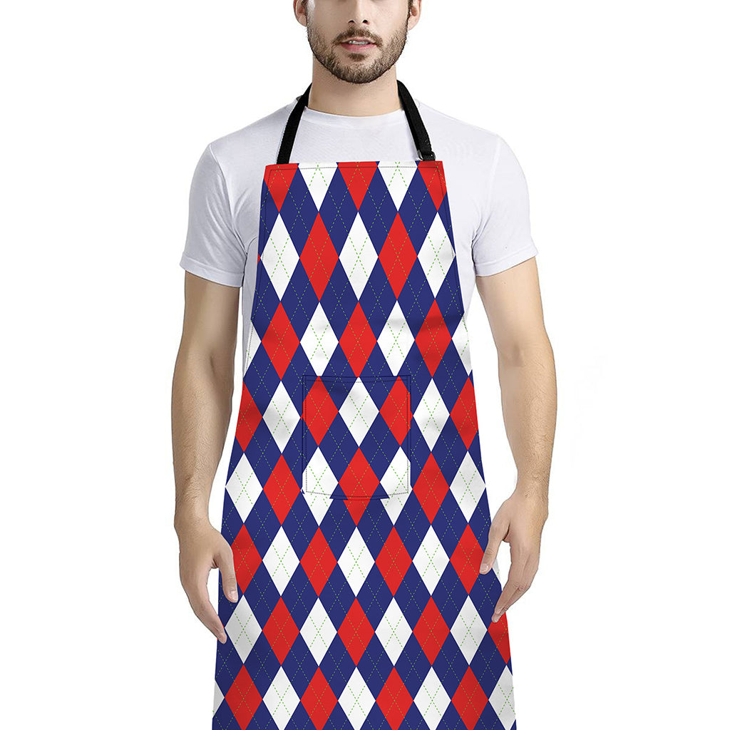 Blue Red And White Argyle Pattern Print Bib Apron With Pocket