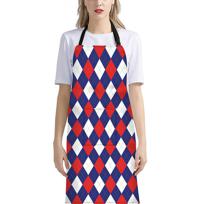 Blue Red And White Argyle Pattern Print Bib Apron With Pocket