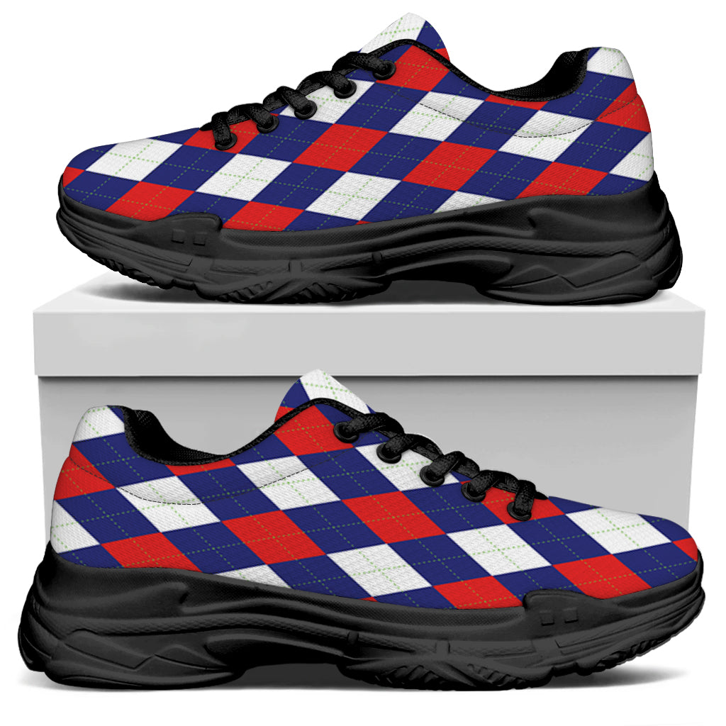 Blue Red And White Argyle Pattern Print Black Chunky Shoes