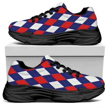 Blue Red And White Argyle Pattern Print Black Chunky Shoes