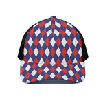 Blue Red And White Argyle Pattern Print Black Mesh Trucker Cap