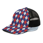 Blue Red And White Argyle Pattern Print Black Mesh Trucker Cap