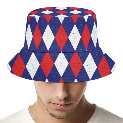 Blue Red And White Argyle Pattern Print Bucket Hat