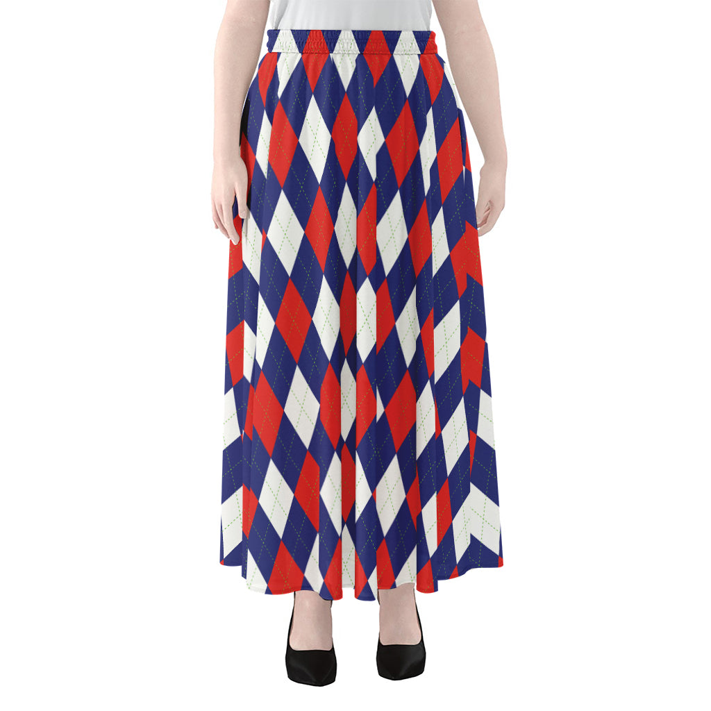 Blue Red And White Argyle Pattern Print Chiffon Maxi Skirt