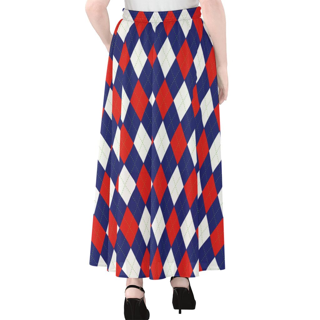 Blue Red And White Argyle Pattern Print Chiffon Maxi Skirt
