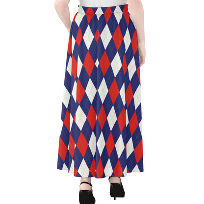 Blue Red And White Argyle Pattern Print Chiffon Maxi Skirt