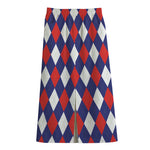 Blue Red And White Argyle Pattern Print Cotton Front Slit Maxi Skirt