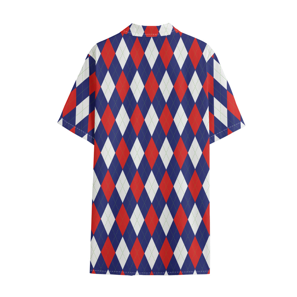 Blue Red And White Argyle Pattern Print Cotton Hawaiian Shirt