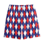 Blue Red And White Argyle Pattern Print Cotton Shorts