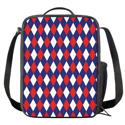 Blue Red And White Argyle Pattern Print Crossbody Lunch Bag