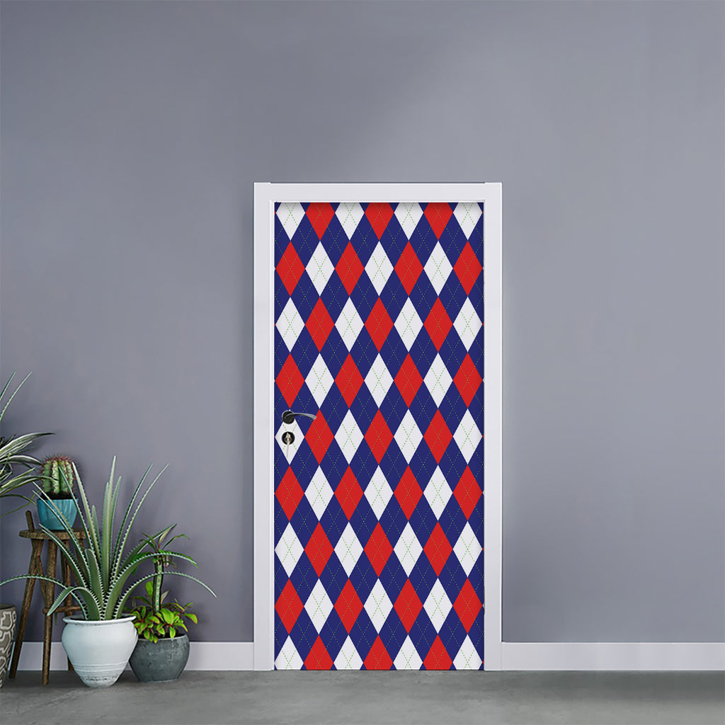 Blue Red And White Argyle Pattern Print Door Sticker