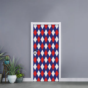 Blue Red And White Argyle Pattern Print Door Sticker