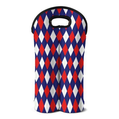 Blue Red And White Argyle Pattern Print Double Neoprene Wine Tote
