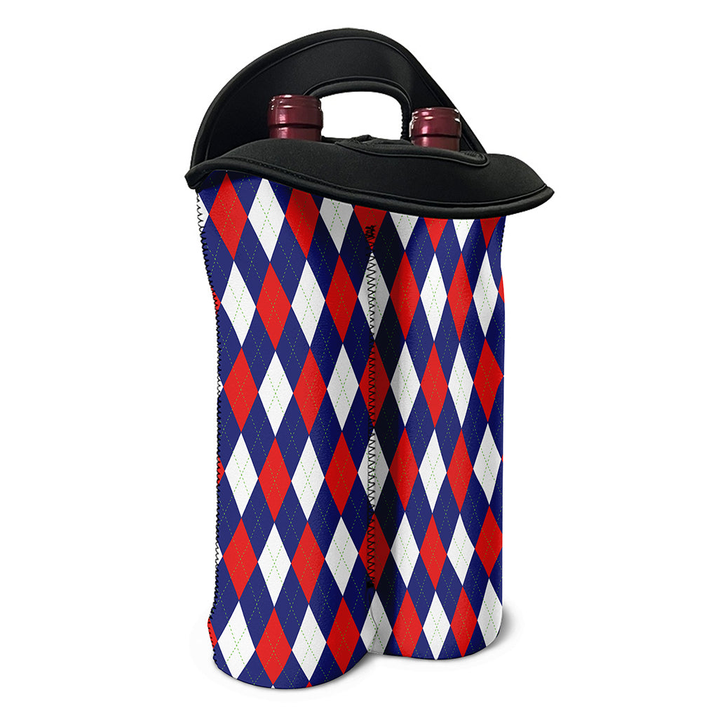 Blue Red And White Argyle Pattern Print Double Neoprene Wine Tote