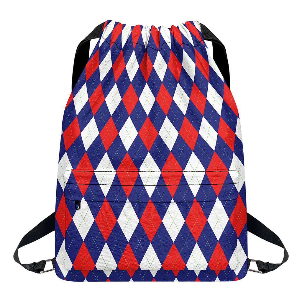 Blue Red And White Argyle Pattern Print Drawstring Backpack