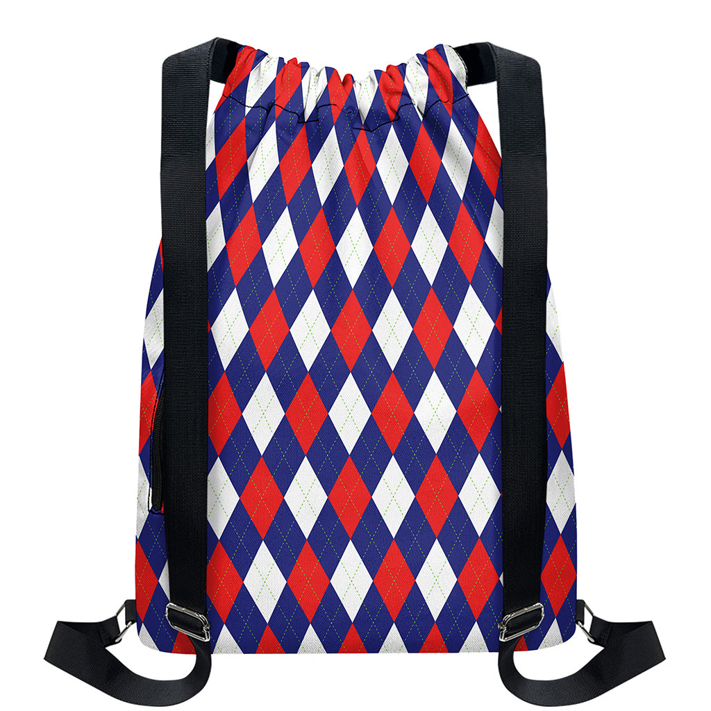 Blue Red And White Argyle Pattern Print Drawstring Backpack