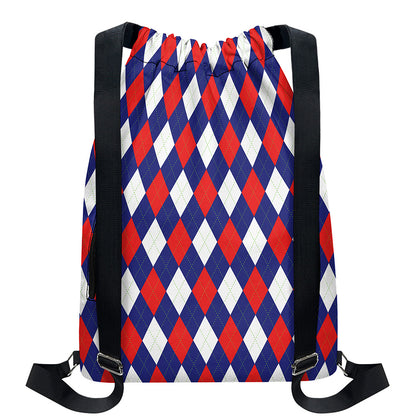 Blue Red And White Argyle Pattern Print Drawstring Backpack