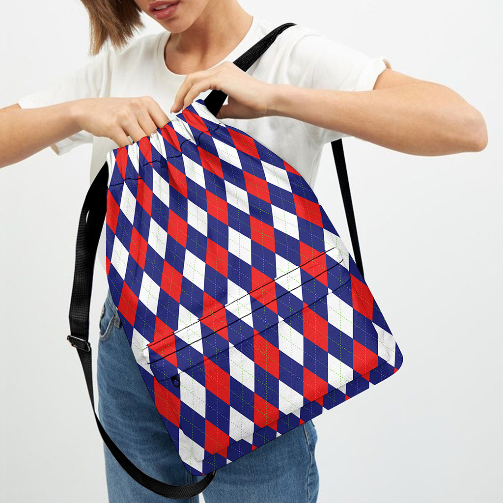 Blue Red And White Argyle Pattern Print Drawstring Backpack