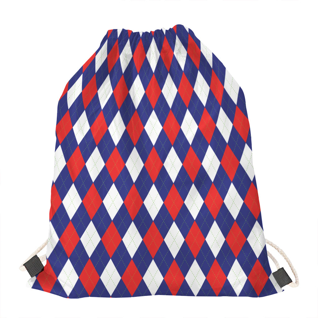 Blue Red And White Argyle Pattern Print Drawstring Bag