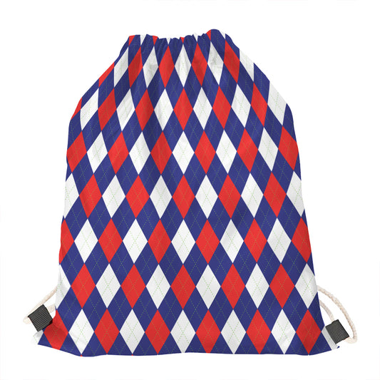 Blue Red And White Argyle Pattern Print Drawstring Bag