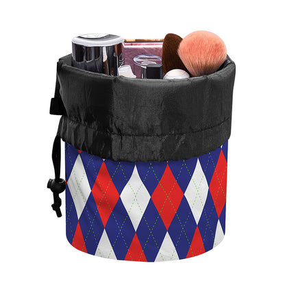 Blue Red And White Argyle Pattern Print Drawstring Makeup Bag