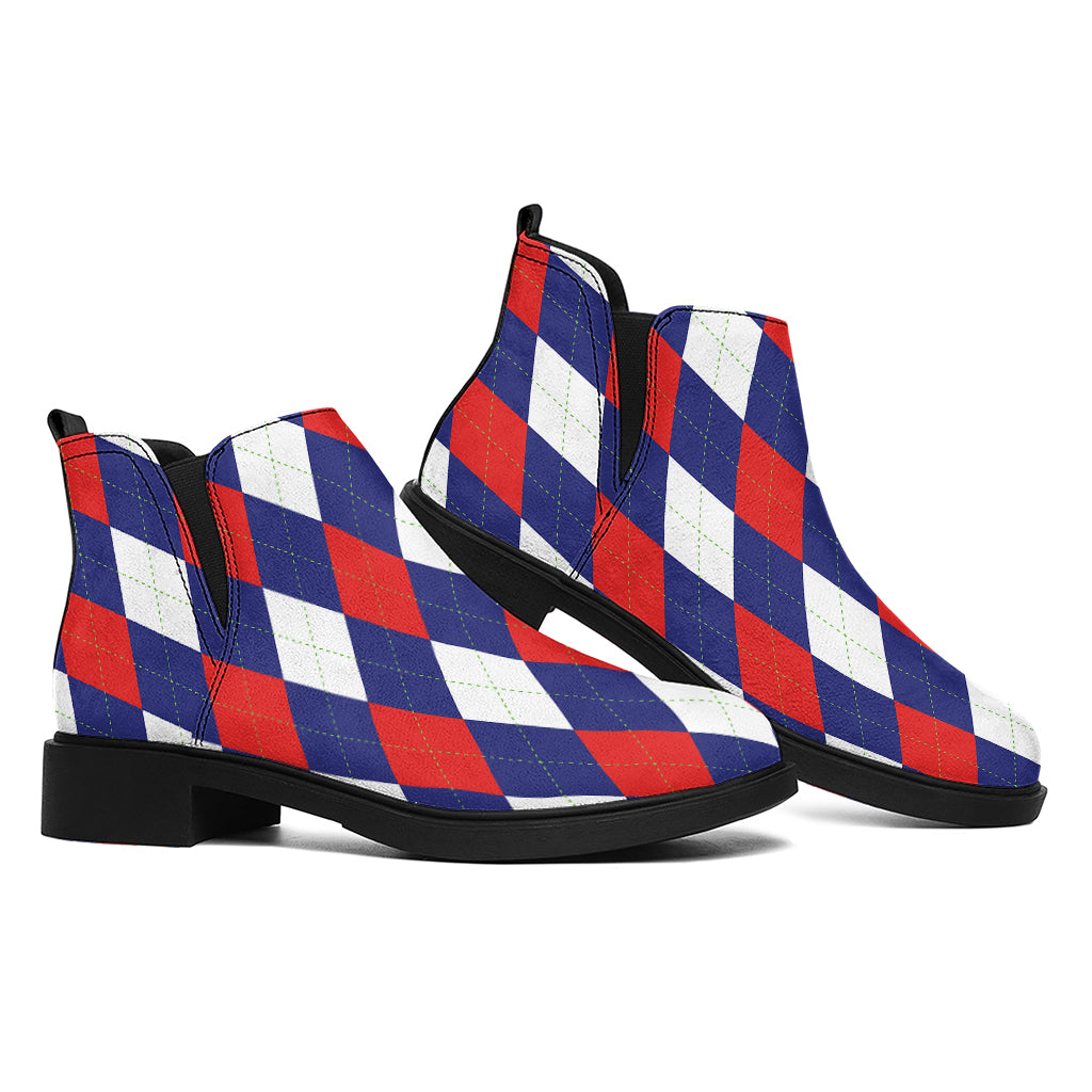 Blue Red And White Argyle Pattern Print Flat Ankle Boots