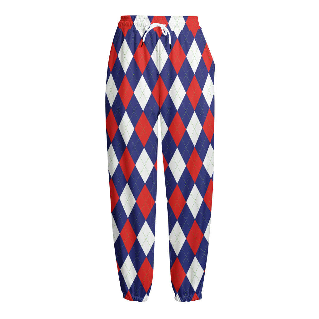 Blue Red And White Argyle Pattern Print Fleece Lined Knit Pants