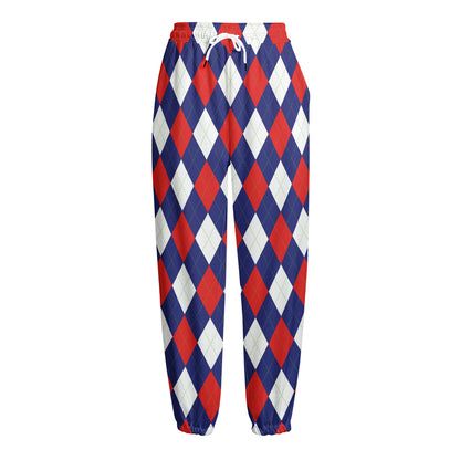 Blue Red And White Argyle Pattern Print Fleece Lined Knit Pants
