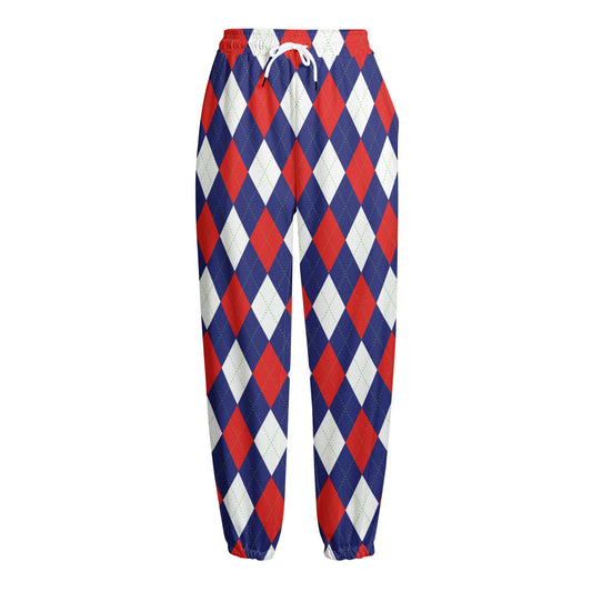 Blue Red And White Argyle Pattern Print Fleece Lined Knit Pants
