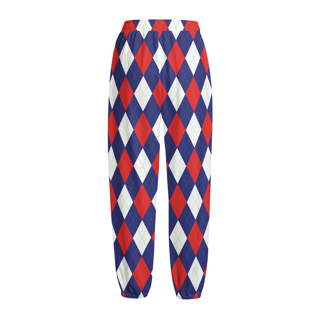Blue Red And White Argyle Pattern Print Fleece Lined Knit Pants