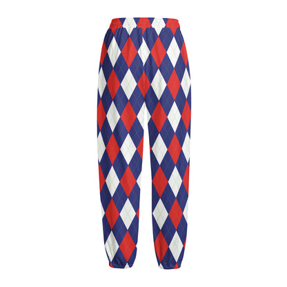 Blue Red And White Argyle Pattern Print Fleece Lined Knit Pants