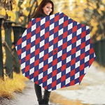 Blue Red And White Argyle Pattern Print Foldable Umbrella