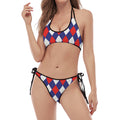 Blue Red And White Argyle Pattern Print Halter Scoop Tie Side Bikini