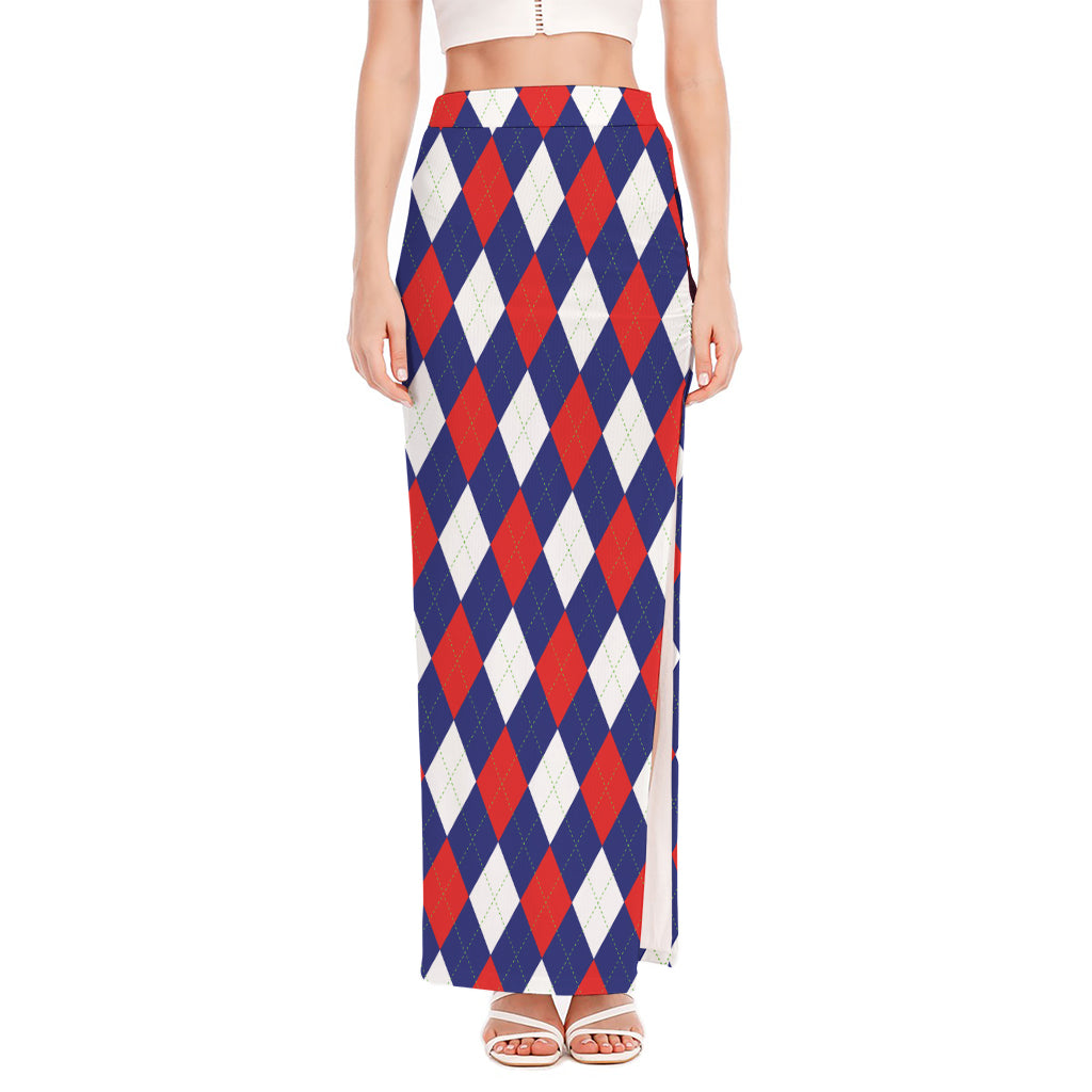 Blue Red And White Argyle Pattern Print High Slit Maxi Skirt