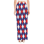 Blue Red And White Argyle Pattern Print High Slit Maxi Skirt