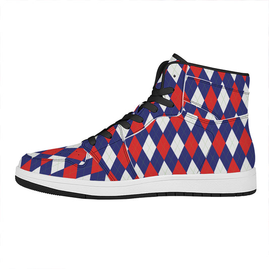 Blue Red And White Argyle Pattern Print High Top Leather Sneakers