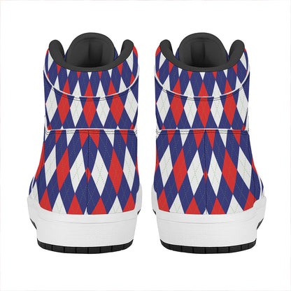 Blue Red And White Argyle Pattern Print High Top Leather Sneakers