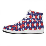 Blue Red And White Argyle Pattern Print High Top Leather Sneakers