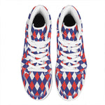 Blue Red And White Argyle Pattern Print High Top Leather Sneakers