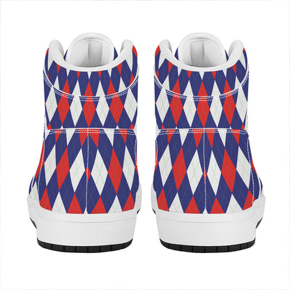 Blue Red And White Argyle Pattern Print High Top Leather Sneakers