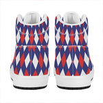 Blue Red And White Argyle Pattern Print High Top Leather Sneakers