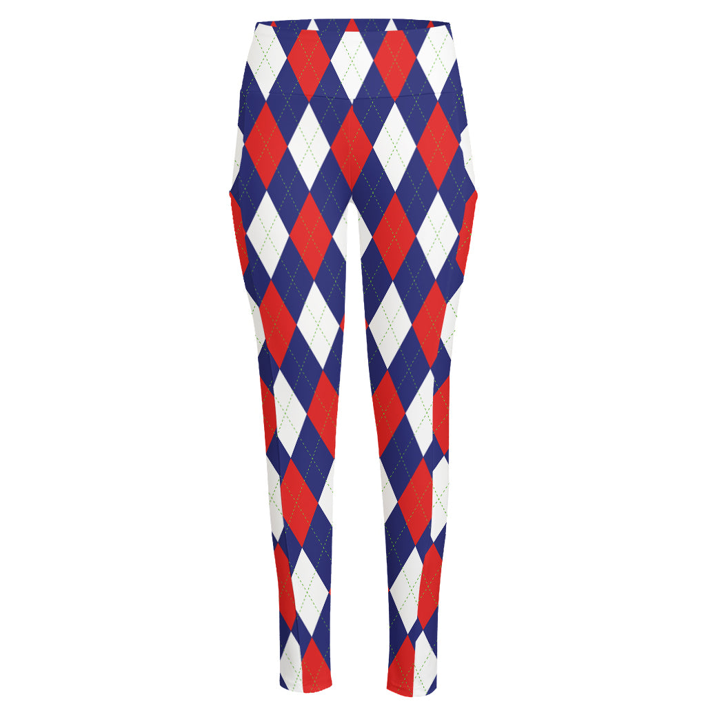 Blue Red And White Argyle Pattern Print High-Waisted Pocket Leggings