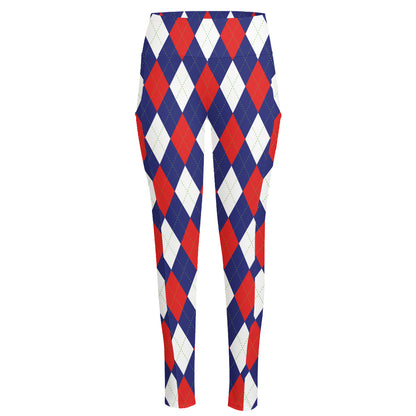 Blue Red And White Argyle Pattern Print High-Waisted Pocket Leggings