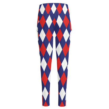 Blue Red And White Argyle Pattern Print High-Waisted Pocket Leggings